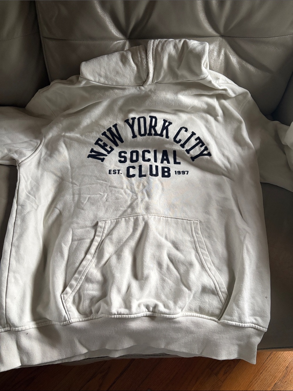 Primark White Hoodie with Navy New York City Text - Men
